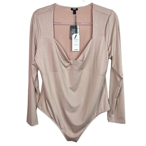 Express Blushing Mauve Body Contour Metallic Twist Bodysuit XL New - Picture 1 of 6